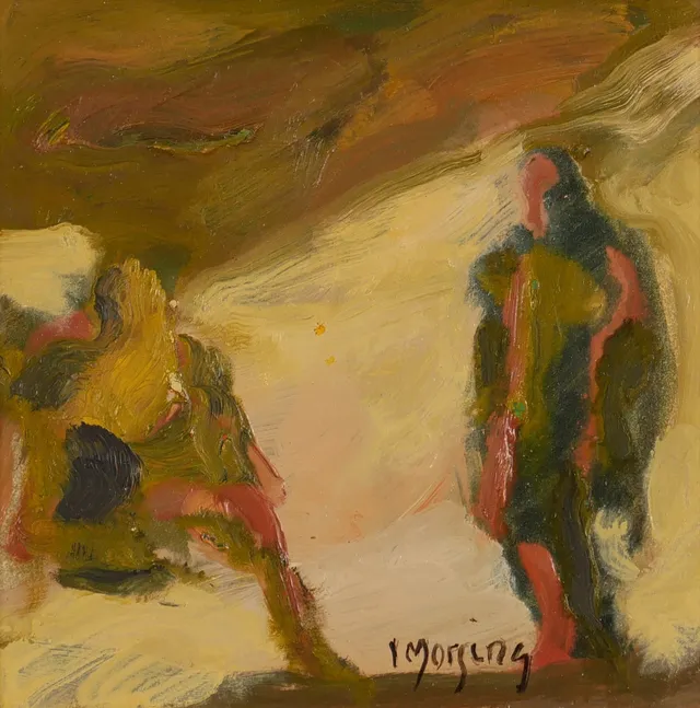 IVAR MORSING. Figurer i landskap, olja på pannå, signerad I. Morsing.