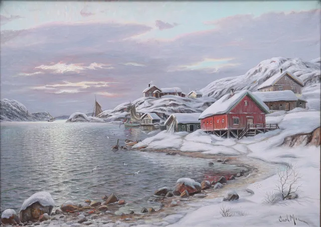 CARL MOE. olja på duk, snöbeklätt vinterlandskap, signerad Carl Moe.