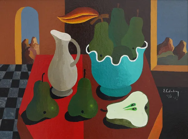 ERIC CEDERBERG. TEMPERA PÅ PANNÅ, STILLEBEN MED PÄRON, SIGNERAD OCH DATERAD 1973.