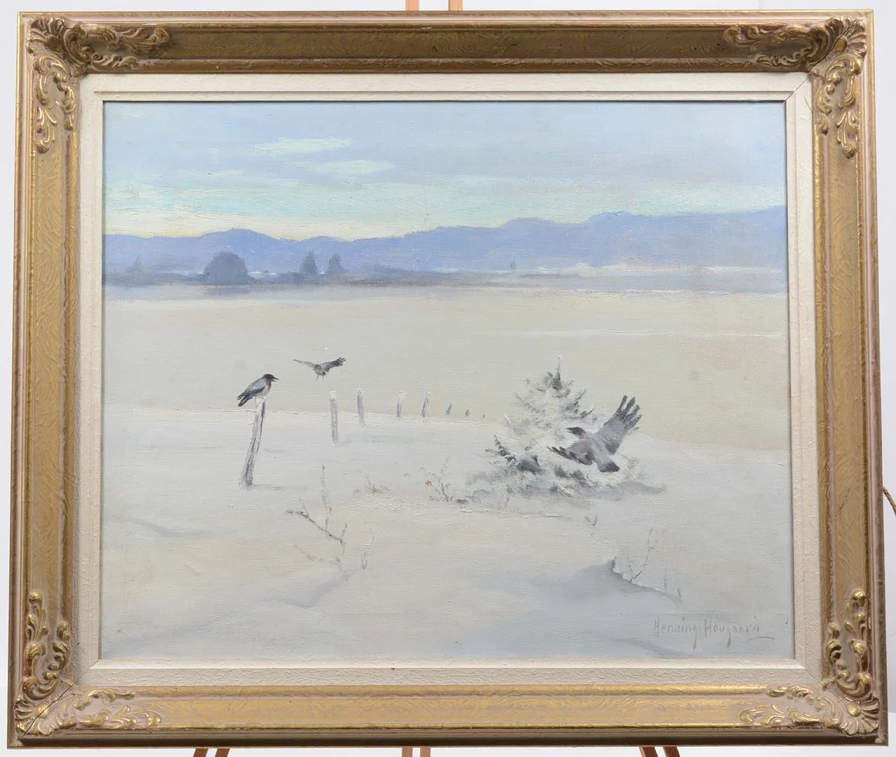 HENNING HOUGAARD. Fåglar i vinterlandskap. Olja på duk. — Paintings — Connoisseur Bokauktioner
