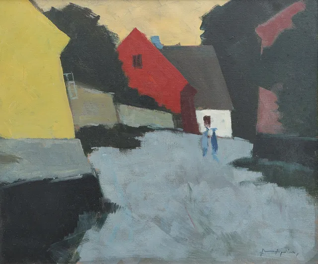 ARNE ASPELIN. FIGURER I EXTERIÖR MED HUS, SKYMNING.