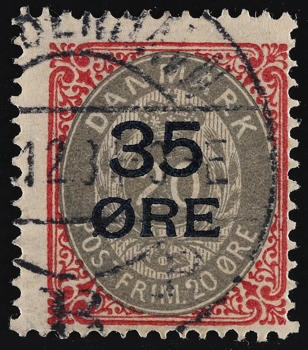 1912. Surcharge. 35/20 Øre, red/grey. Pos. 61. INVERTED FRAME. Very fine used stamp — Stamps, Covers & Postal History/Denmark/Bogtryk — Bruun Rasmussen