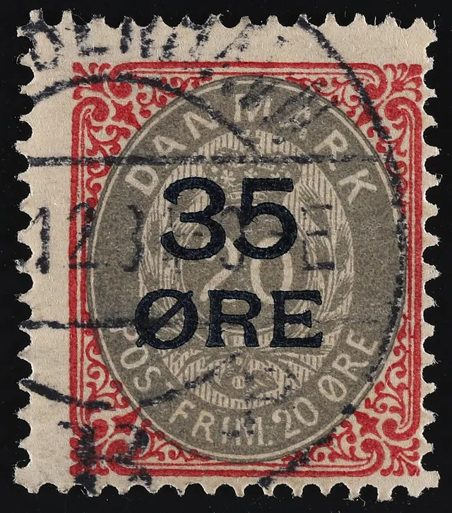 1912. Surcharge. 35/20 Øre, red/grey. Pos. 61. INVERTED FRAME. Very fine used stamp