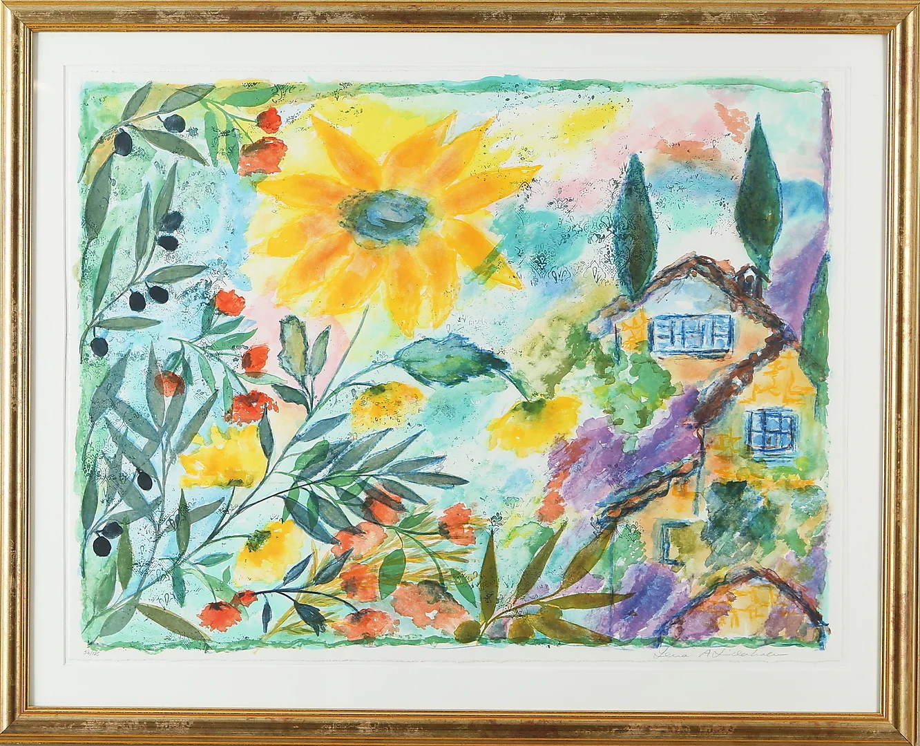LENA LINDERHOLM. Landskap med hus och blommor, färglitografi, signerad samt numrerad 56/175. — Engravings & Prints — Auktionshuset Kolonn