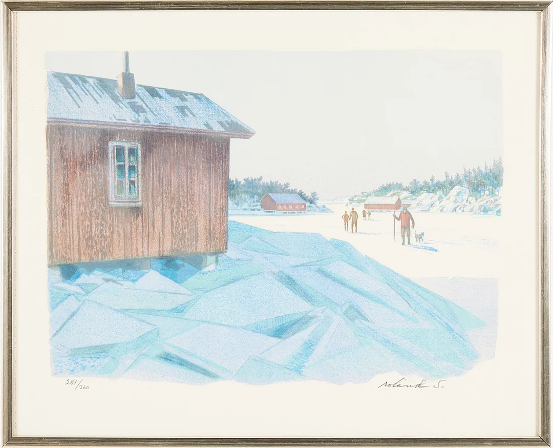 ROLAND SVENSSON. "Söndag på isen, Möja", litografi, signerad, numrerad 284/360. — Engravings & Prints — Stockholms Auktionsverk Magasin 5
