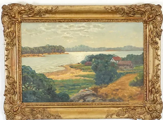 ALFRED COLLIN. Olja på pannå, "Motiv från Sunningen, Bohuslän", signerad A. Collin samt daterad -30.