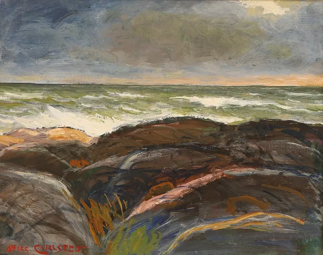 NILS CARLSTEDT. Olja på pannå, motiv från Älgö, signerad.