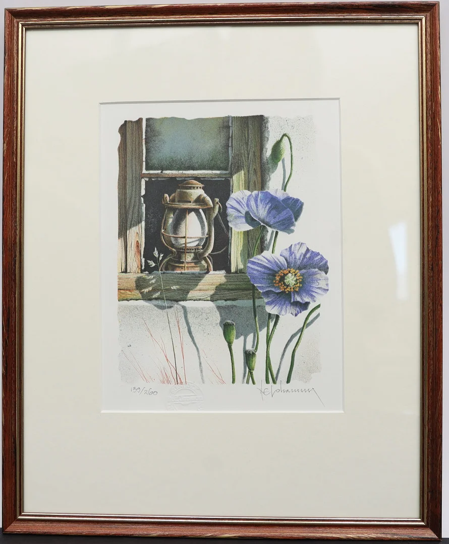 NILS E JOHANSSON. Motiv med blomma, färglitografi, signerad och numrerad. — Engravings & Prints — Falun Auktionsbyrå