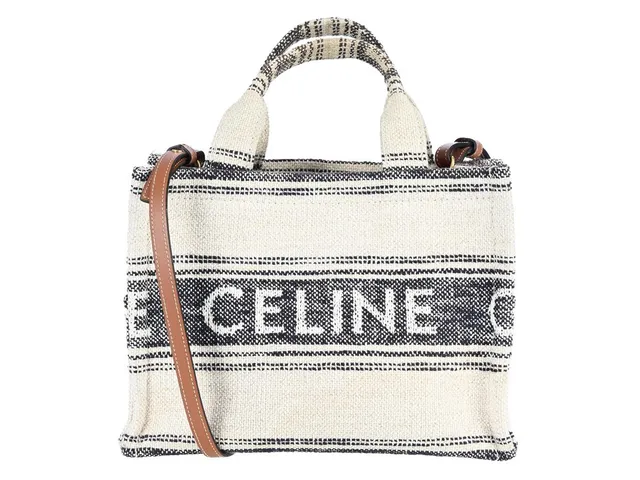 CELINE, VÄSKA, Cabas Tote Bag, vit, grå, brun canvas, brunt läder, guldfärgade beslag, 25x18x12 cm, avtagbar axelrem, dustbag. Good Condition.