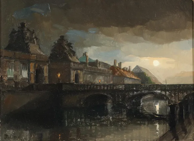 View from Marmorbroen in moonlight. Signed Otto Olsen. Oil on canvas. 20×27 cm.