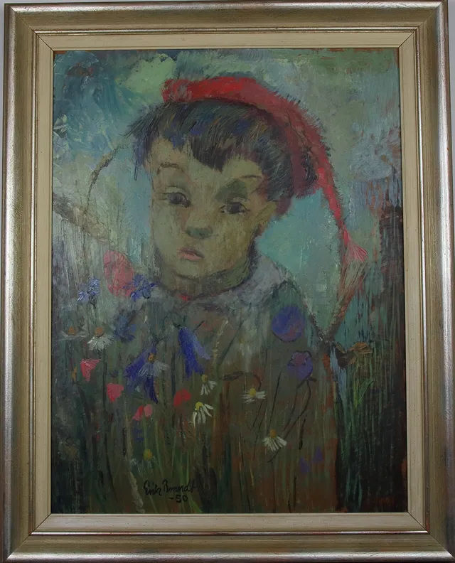 ERIK BRANDT. Olja på pannå, pojke bland blommor, signerad -50.