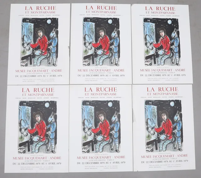 MARC CHAGALL. LITOGRAFERADE UTSTÄLLNINGSAFFISCHER, 6 ST, LA RUCHE ET MONTPARNASSE, MUSÉE JACQUEMART - ANDRÉ, 1978, MOURLOT.