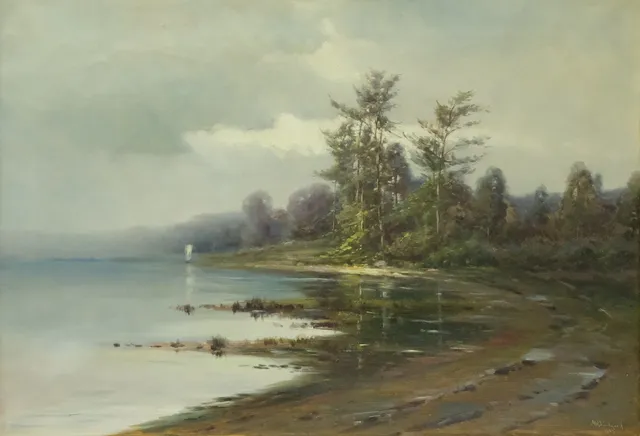 AXEL HJALMAR LINDQVIST. LANDSKAP MED SJÖ, OLJA PÅ DUK.
