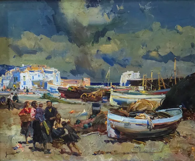 JOSEP SERRASANTA. Óleo sobre lienzo "En la playa".