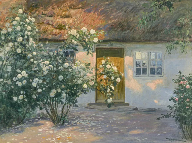 Fritz Kraul. Flowering rose bushes in front of a farmhouse