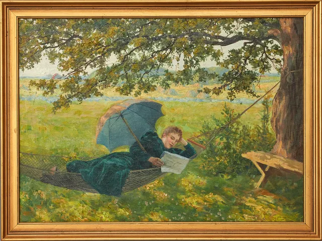 EMIL LINDGREN (1866-1940). Läsande dam med parasoll, signerad och daterad E.Lindren 94, olja på duk.