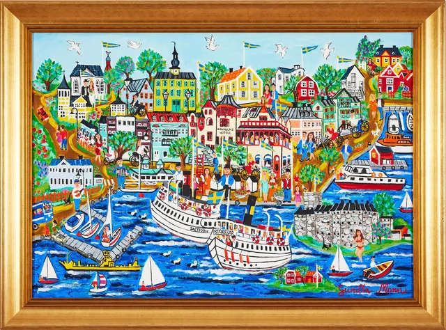 GUNILLA MANN. "Vaxholm, Den lilla Skärgårdsstaden", olja på duk.