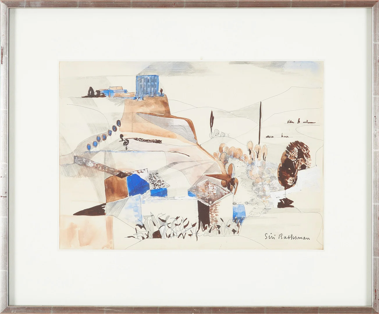 SIRI RATHSMAN. Sydländskt landskap, blandteknik på papper, signerad Siri Rathsman. — Paintings — Stockholms Auktionsverk Sickla
