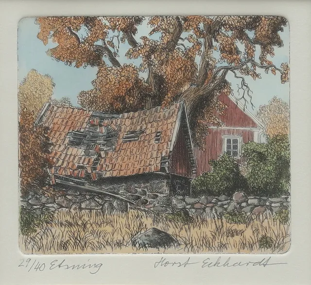 HORST ECKHARDT (1940-). Gammal gård, etsning, signerad och numrerad.