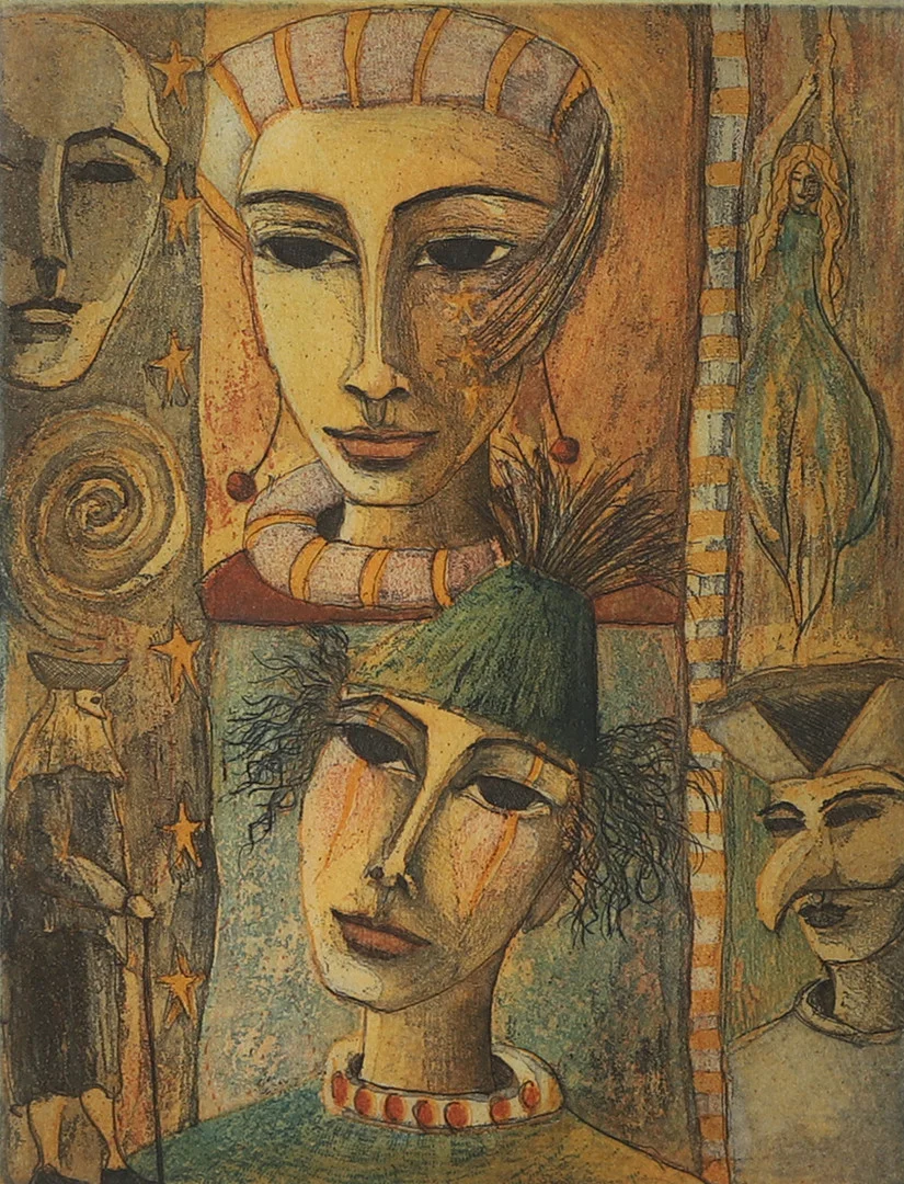 IRENE JARZ. Karnevalsfigurer, färgetsning, signerad. — Engravings & Prints — Helsingborgs Auktionskammare
