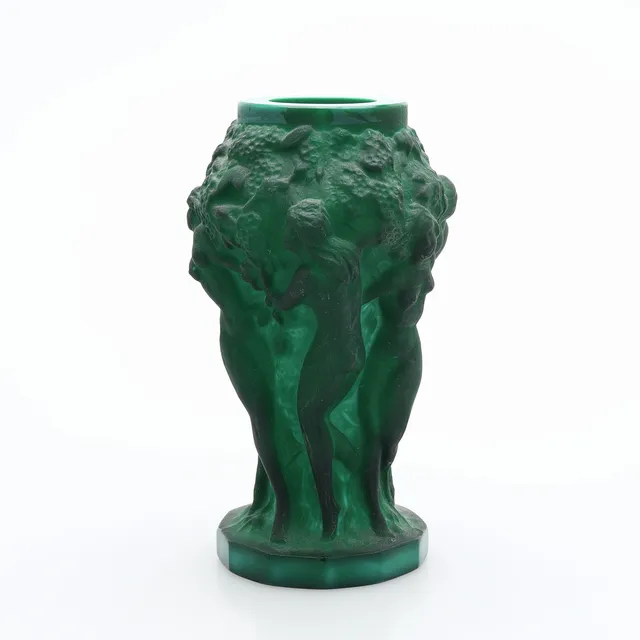 FRANTISEK PAZOUREK. Vas, malakitglas, art deco, Curt Schlevogt, Tjeckien/Böhmen, 1930-tal.