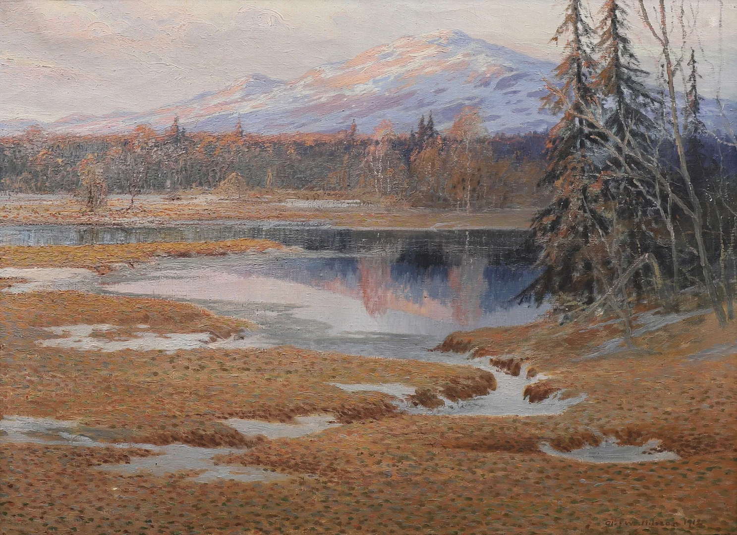 OLOF WALFRID NILSSON. Motiv av Snasahögarna i Jämtland , olja på duk, signerad och daterad, Oluf W Nilsson 1912. — Paintings — Garpenhus Auktioner