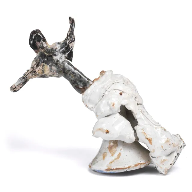 Untitled. Earthenware with partially decorated with white, green, blue and black glaze. Signed EF. H. 24 cm. L. 26 cm. Photo copies of catalogue enclosed. (2)