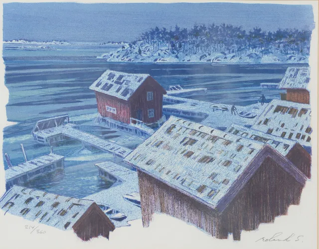 ROLAND SVENSSON. Vinterskymning i Sandhamn", färglitografi, signerad samt numrerad 214/360.