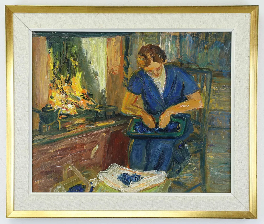 GÖSTA BOHM. Olja på pannå, "Bärrensning vid brasan, Kråkön", signerad, daterad 1941. — Paintings — Hälsinglands Auktionsverk