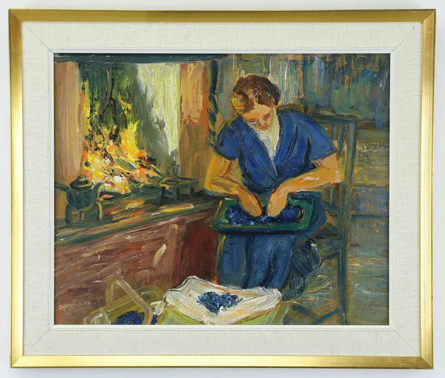 GÖSTA BOHM. Olja på pannå, "Bärrensning vid brasan, Kråkön", signerad, daterad 1941.