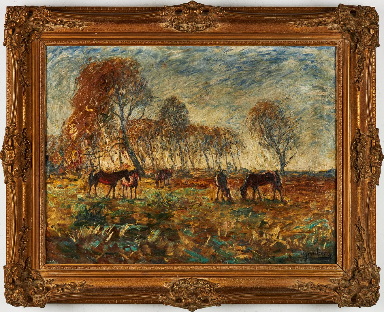 OLOF JERNBERG. Impressionistiskt landskap i skymningsljus med hästar i förgrunden, olja på duk, signerad O. Jernberg. — Paintings — Stockholms Auktionsverk Sickla