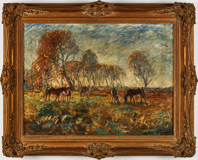 OLOF JERNBERG. Impressionistiskt landskap i skymningsljus med hästar i förgrunden, olja på duk, signerad O. Jernberg.
