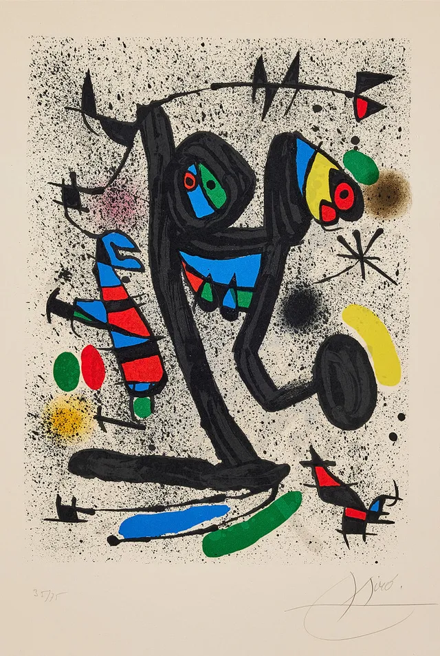 JOAN MIRÓ. "La demoiselles aux papillon", färglitografi, 39 X 29 cm.