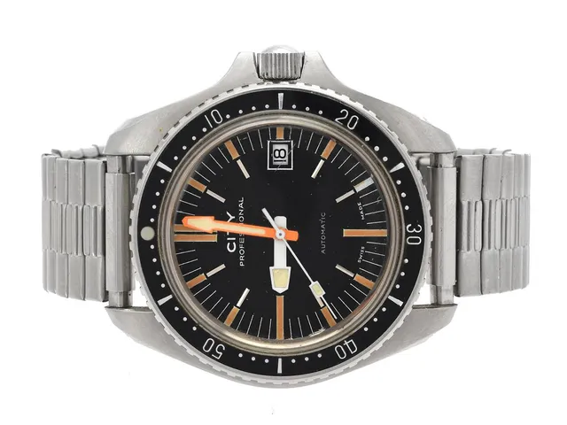 CITY, Professional (Swiss Made), Cal ETA 2873, Boett nr. 430758 / 22013, herrur, 42 mm, stål, automatisk, plexiglas, datum, delvis renoverad urtavla, relumade visare, skadad urtavla, ca 1975, metallänk ej original.