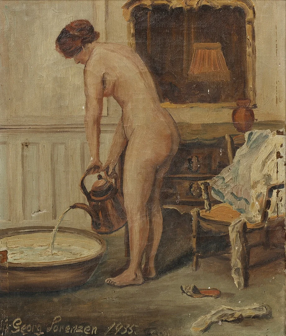Ubekendt kunstner, interiør med badende nøgen kvinde, olie på lærred. — Paintings — Palsgaard Kunstauktioner