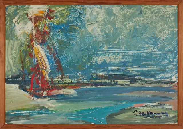 HELMUT MANTEL (1925-1979). Kustmotiv med segelbåt, olja på pannå, signerad.