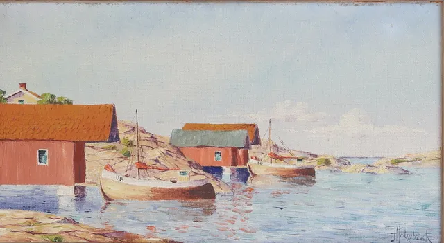 OIDENTIFIERAD KONSTNÄR, olja på pannå, "Fiskebäckskil", signerad j Holmbäck.