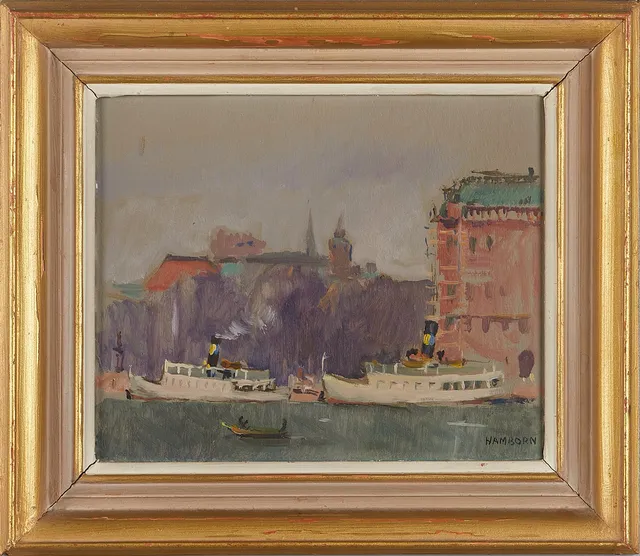 AXEL HAMBORN. ''Båtar på strömmen'', signerad, olja på pannå.
