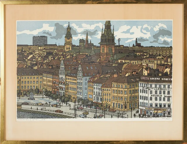 SVENOLOV EHRÉN. Gamla stan, träsnitt, signerad, daterad 76 och numrerad 221/360.