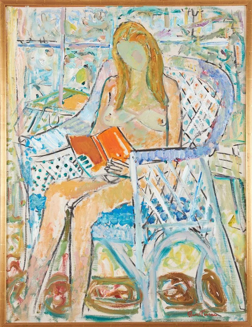 RUNE PERSON. Kvinna i korgstol, olja på pannå, signerad. — Paintings — Stockholms Auktionsverk Magasin 5