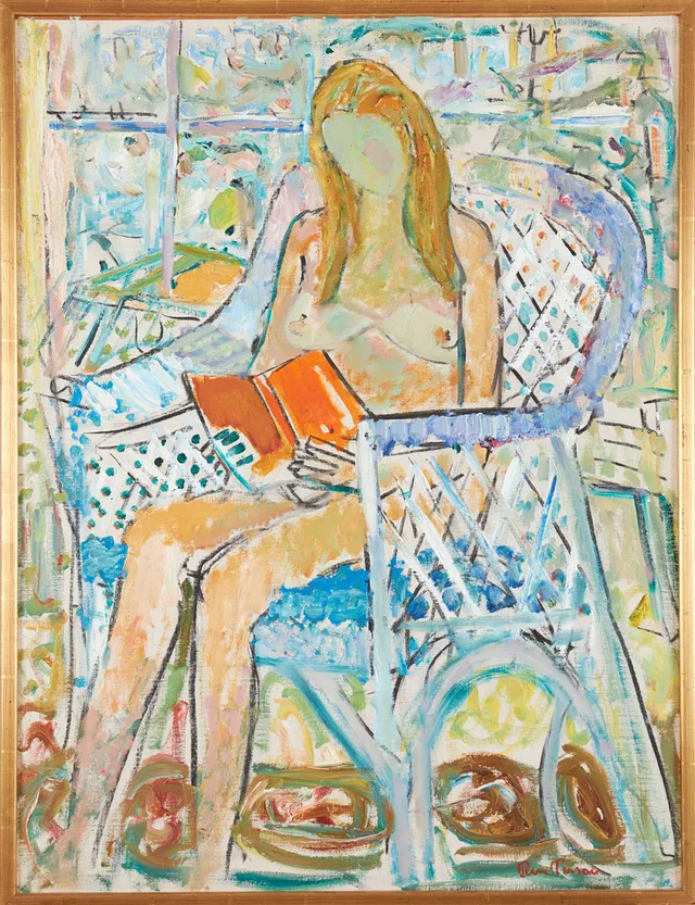 RUNE PERSON. Kvinna i korgstol, olja på pannå, signerad.
