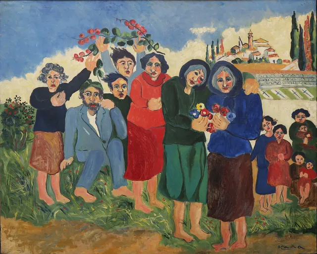 JOSÉ PÉREZ OCAÑA, "OCAÑA". Characters before the town of Cantillana (including a self-portrait of the artist dressed as a woman).