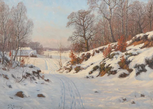 PETER ADOLF PERSSON. Oljemålning på duk. Snötäckt vinterlandskap. Påskrift a tergo: "Motiv från Billinge, Skåne, mellan Stehag och Röstånga". Signerad.