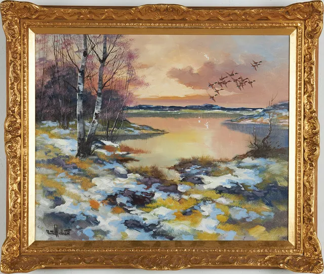 BERTIL WIDBRANDT. motiv av gräsänder i skymning, Olja på duk, 1900-talets första hälft.