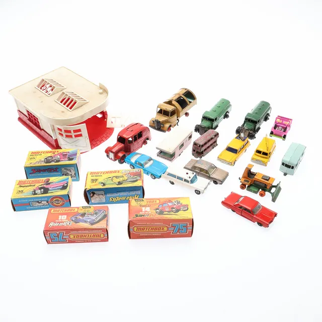5 BOXED MATCHBOX ROLAMATICS DIE CAST CARS, DINKY, AND OTHERS.
