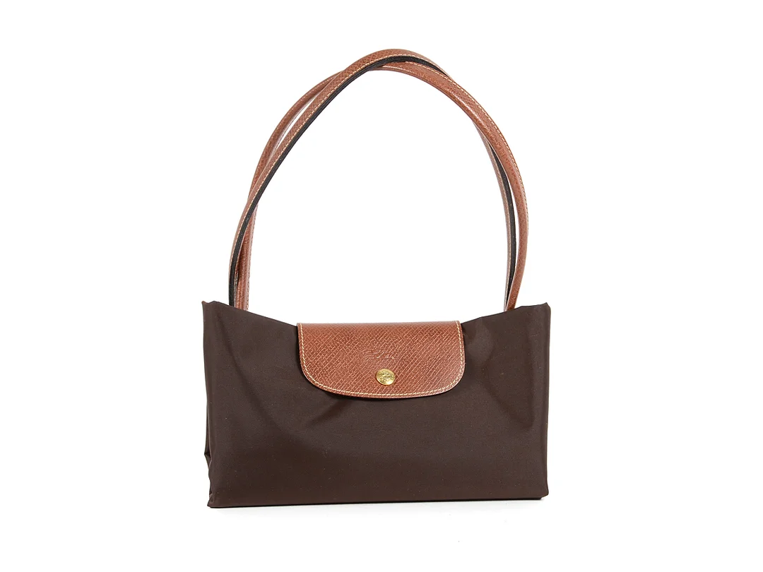 VÄSKA, LONGCHAMP, brun nylon, brunt läder, 46x30x19cm. — Accessoarer/Väskor — Kaplans