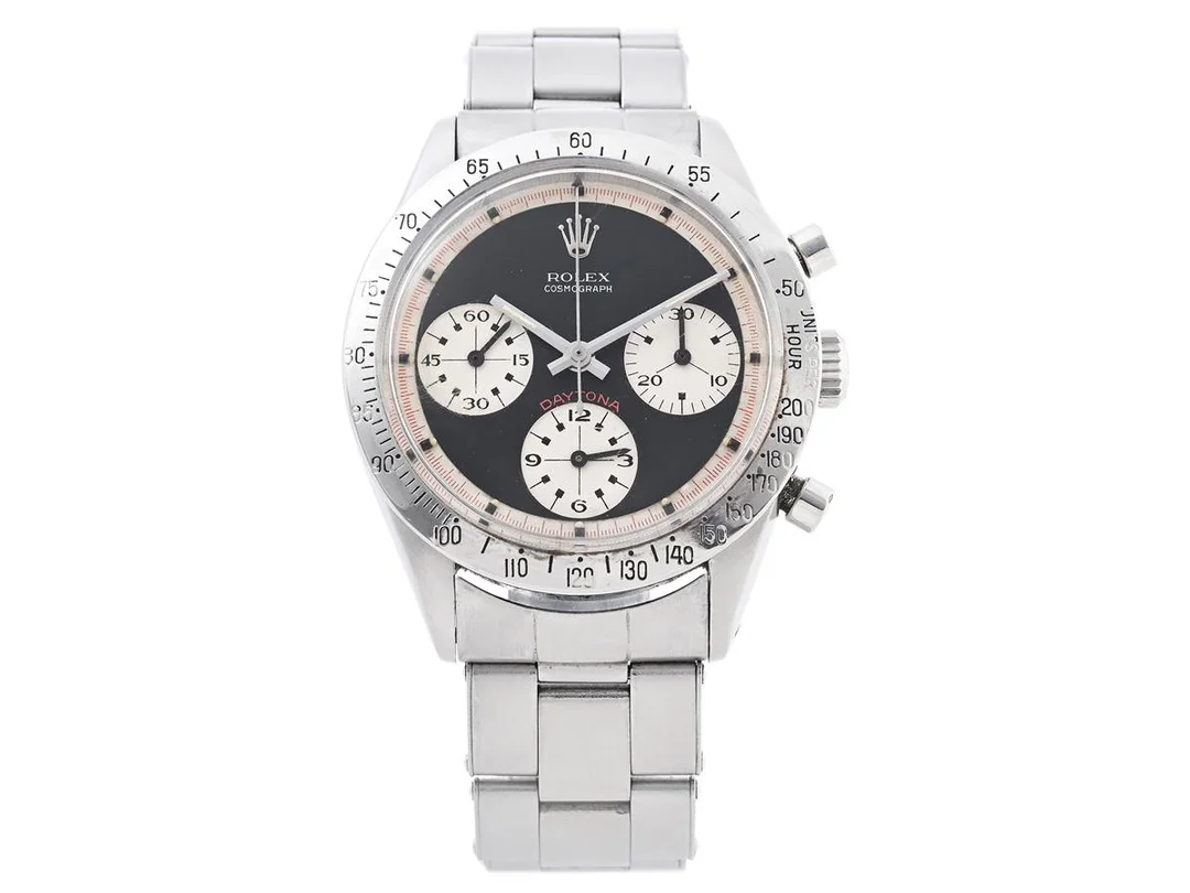 ROLEX, Cosmograph, Daytona, s.k. "Paul Newman", Ref nr. 6239, Serie nr. 1626327, Cal 722-1 (Valjoux), Boett nr. 6238, kronograf (nollställer ej), herrur, 37 mm, stål, manuell, plexiglas, Oysterlänk (Flushfit), Ref nr. 7205-1.70/57, ca 1967. — Klockor/Rolex — Kaplans