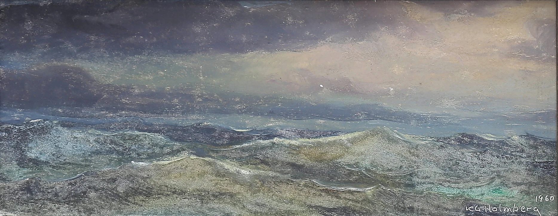 KARL GUSTAV HOLMBERG. Olja på plåt, "Afton över upprört hav" (Nordsjön), signerad, daterad 1960. — Paintings — Auktionshuset Thelin & Johansson