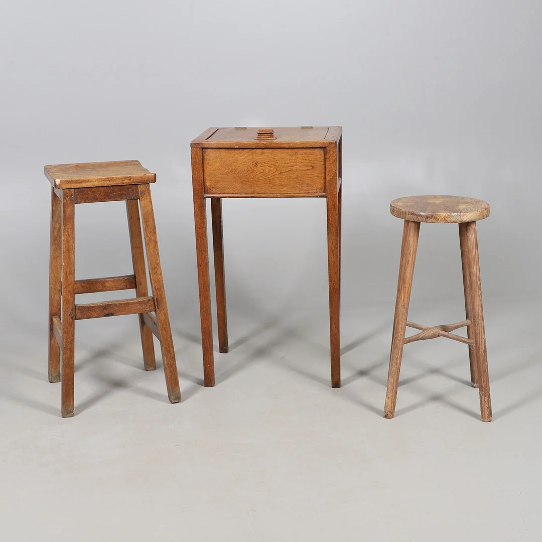 TWO RUSTIC STOOLS AND A WORK BOX. — Other — Lawrences Auctioneers