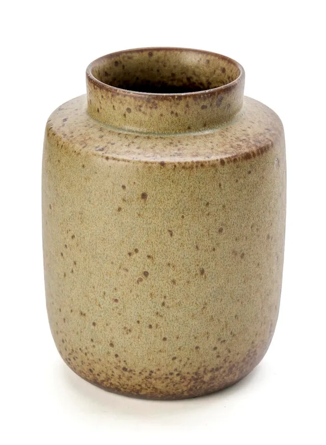 A stoneware vase decorated with green glaze with brown elements. Signed PL-S, 622. Made and marked at Palshus. H. 21 cm. Diam. 14 cm.